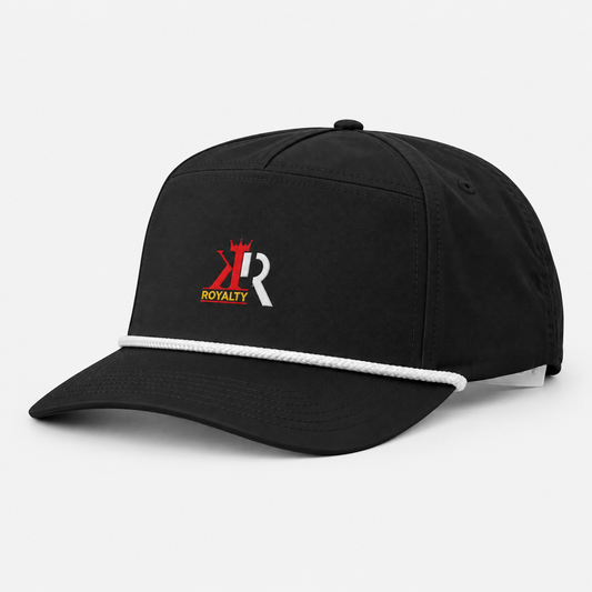 Garment-only illustrative mockup of black embroidered King Rock Royalty rope cap